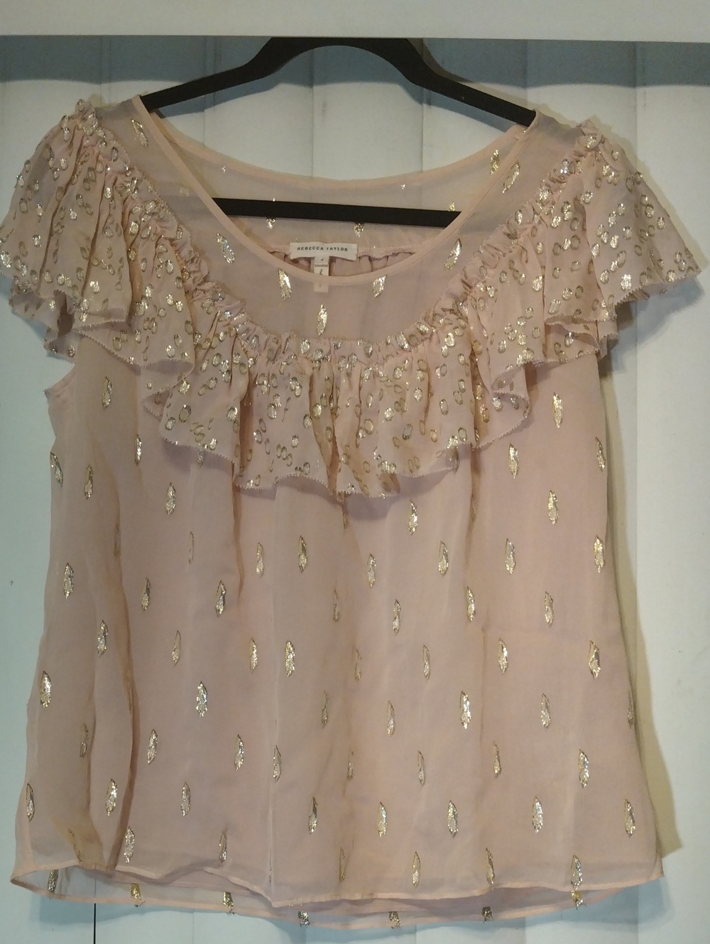 Rebecca Taylor/Anthropologie Blush Sheer Ruffle Blouse with Gold Leaf Accents